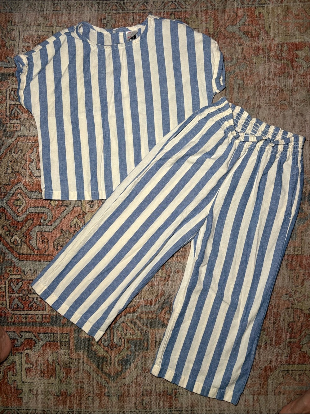 Hanna Andersson Kids Blue White Stripe Cotton Linen Top and Pants Set Size 6-7